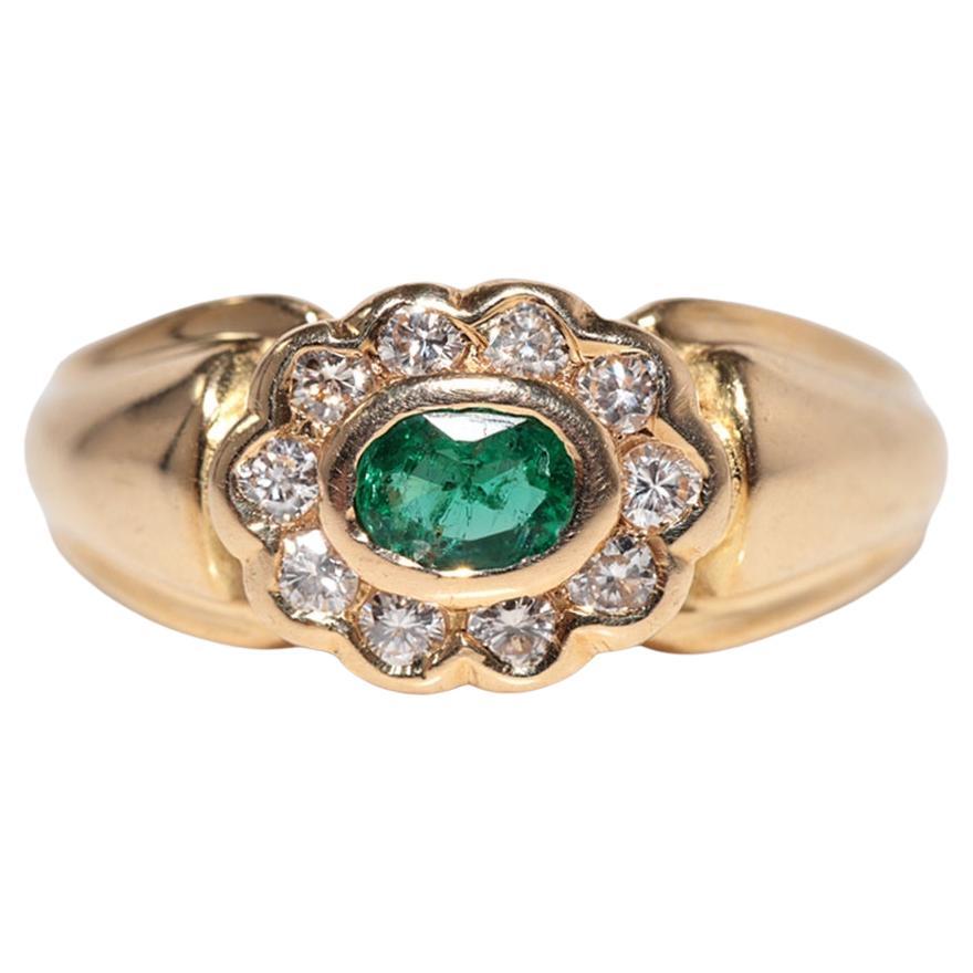 Bague vintage des années 1980, en or 18 carats, diamant naturel et émeraude taille ovale