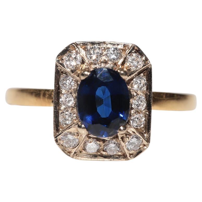 Anello in oro 18k con diamanti naturali e zaffiri naturali taglio ovale, vintage, circa anni '80