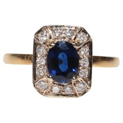Anello in oro 18k con diamanti naturali e zaffiri naturali taglio ovale, vintage, circa anni '80