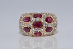 Vintage Circa 1980s 18k Gold Natural Diamond And Oval Cut Ruby Band Strong Ring