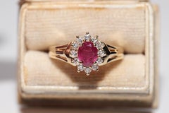Anello decorato con diamanti naturali e rubini taglio ovale in oro 18k, vintage, circa anni '80