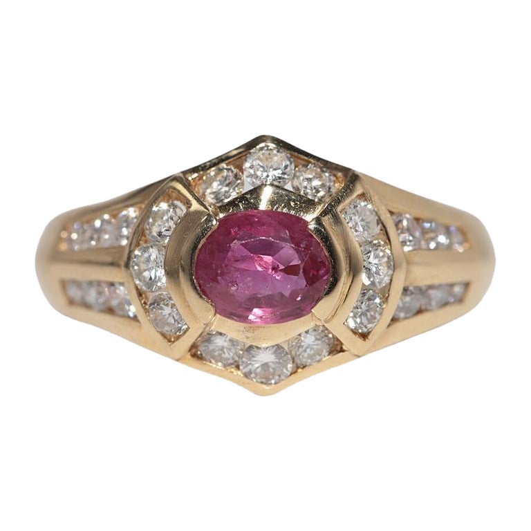 Anello decorato con diamanti naturali e rubini taglio ovale in oro 18k, vintage, circa anni
80