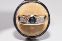 Vintage Circa 1980s 18k Gold Natural Diamond And Oval Cut Sapphire Band Ring