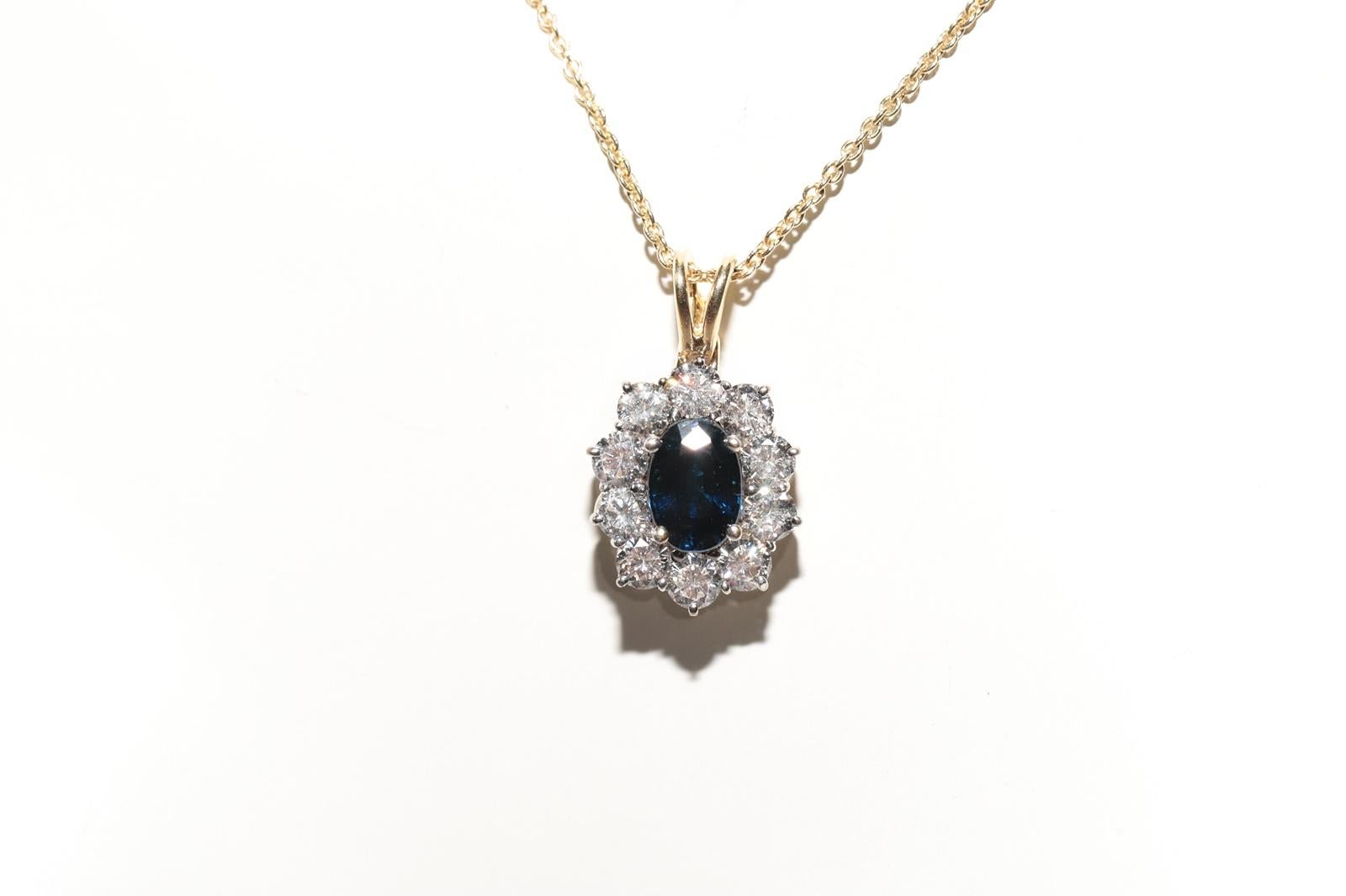 In very good condition.
Total weight is 5.4 grams.
Totally is diamond 1 ct.
The diamond is has G-H color and vvs clarity.
Totally is sapphire 0.60 ct.
Total lenght is chain 45 cm.
Please contact for any questions.