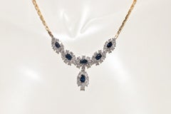 Vintage Circa 1980s 18k Gold Natural Diamond And Oval Cut Sapphire Necklace