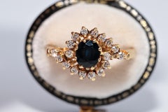 Vintage Circa 1980s 18k Gold Natural Diamond And Oval Cut Sapphire Ring