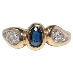 Anello in oro 18k con diamanti naturali e zaffiri ovali, vintage, circa anni 
80
