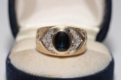 Vintage Circa 1980s 18k Gold Natural Diamond And Oval Cut Sapphire Tank Ring