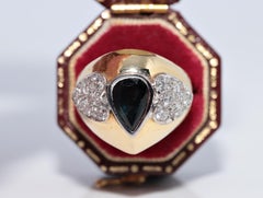 Vintage Circa 1980s 18k Gold Natural Diamond And Pear Cut Sapphire Ring