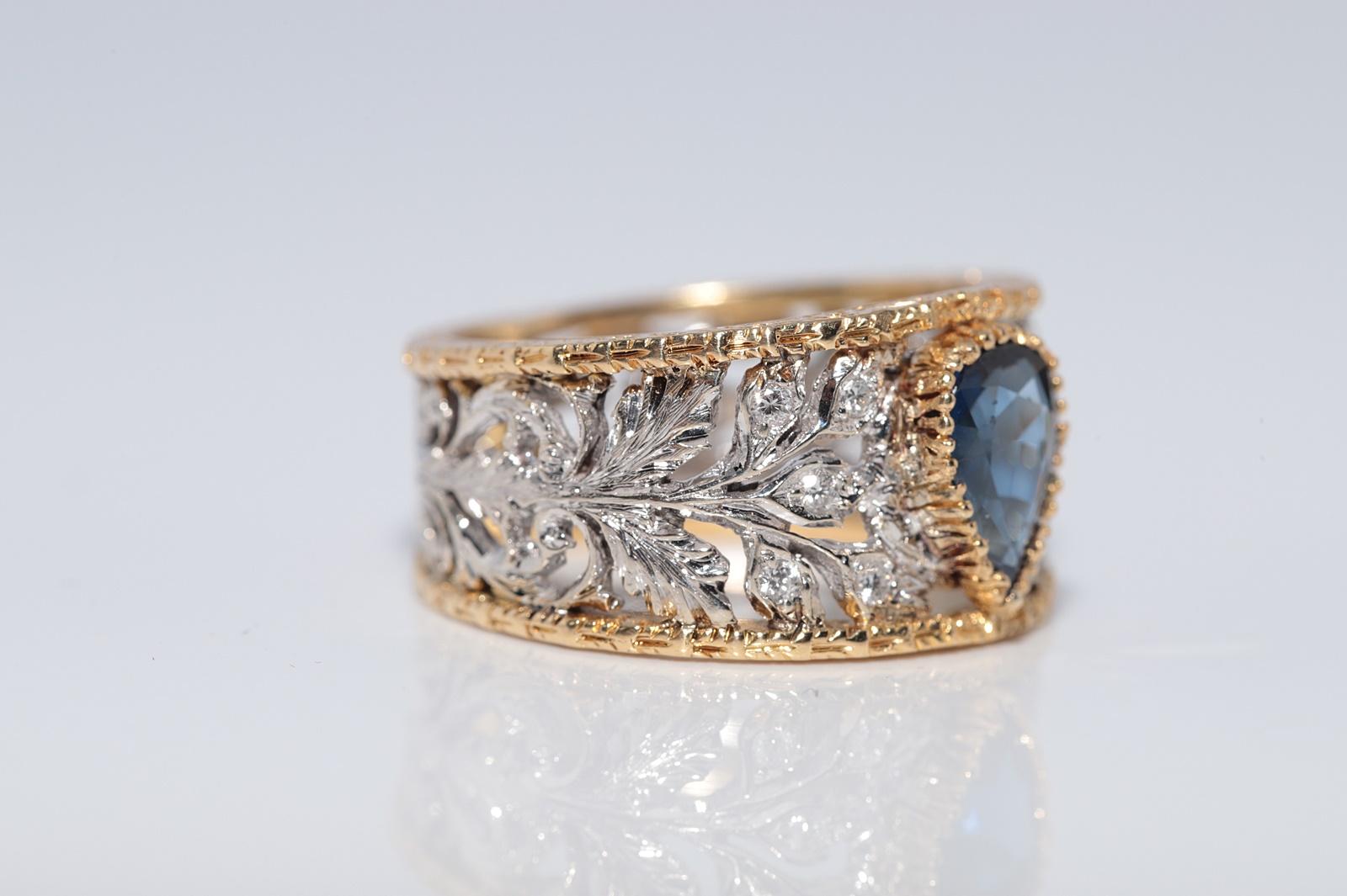 Brilliant Cut Vintage Circa 1980s 18k Gold Natural Diamond And Pear Cut Sapphire Ring For Sale