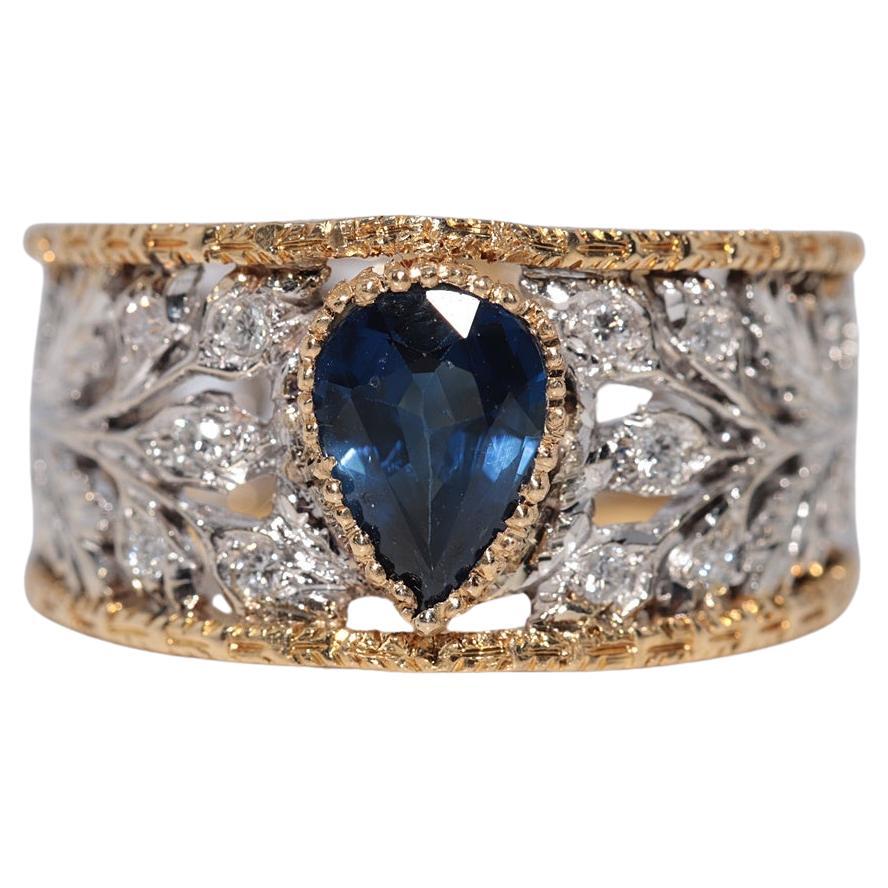 Anello in oro 18k con diamanti naturali e zaffiri taglio pera, vintage anni
80 circa