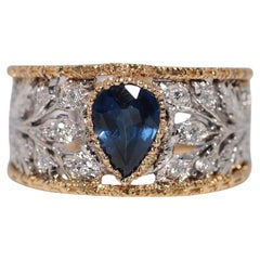 Vintage Circa 1980s 18k Gold Natural Diamond And Pear Cut Sapphire Ring Vintage Circa 1980s 18k Gold Natural Diamond And Pear Cut Sapphire Ring
