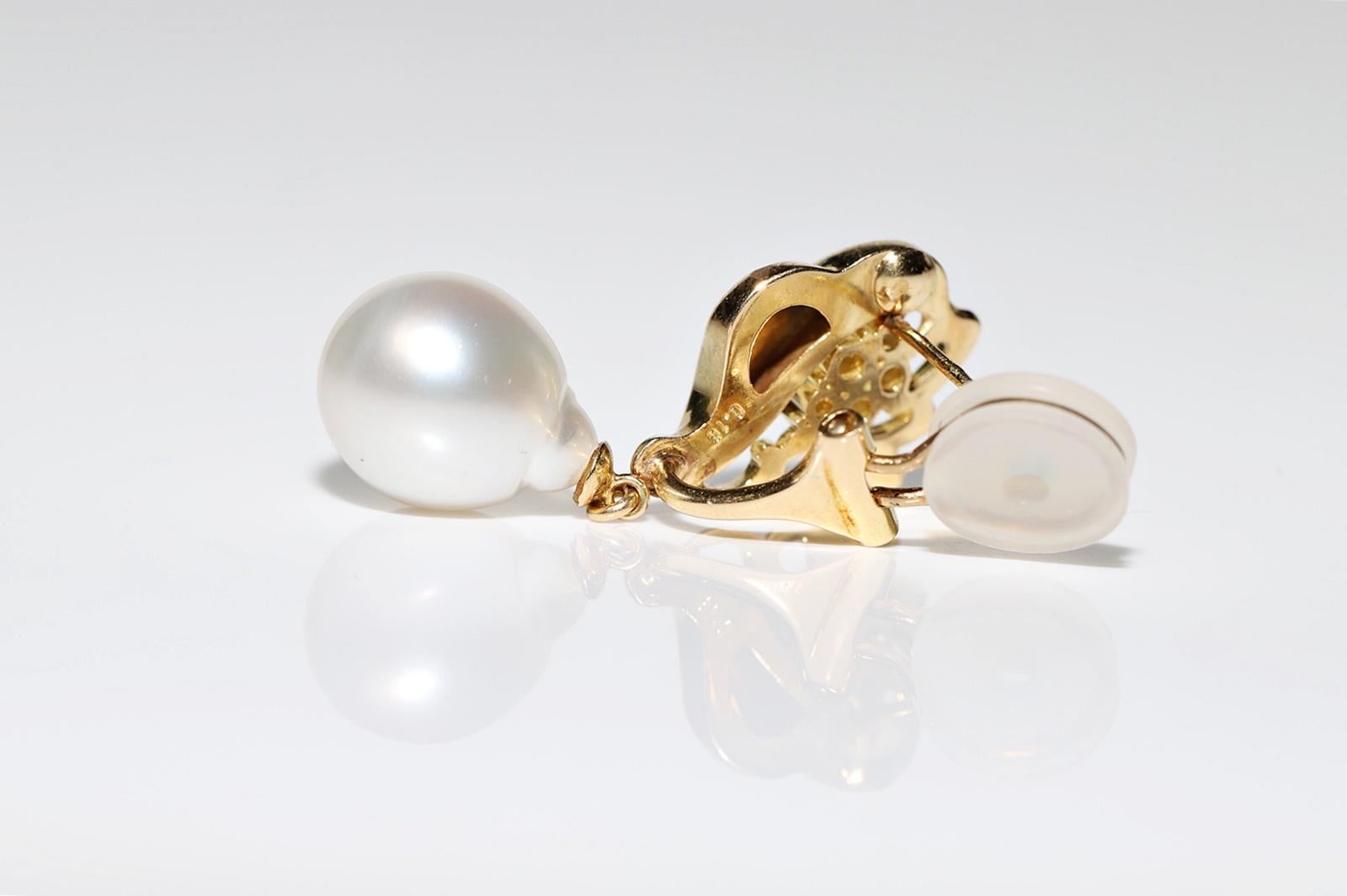 Vintage Circa 1980er Jahre 18k Gold natürlicher Diamant und Perle  Verzierter Tropfenohrring im Angebot 4