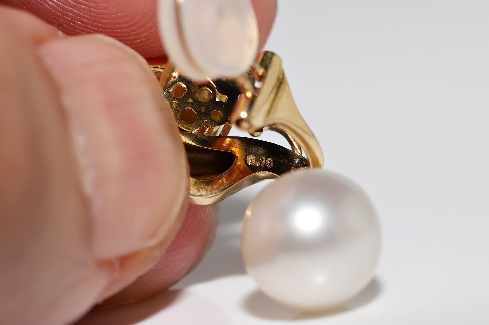 Vintage Circa 1980s 18k Gold Natural Diamond And Pearl  Decorated Drop Earring For Sale 6