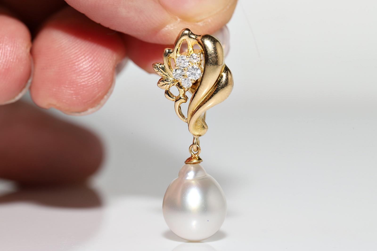 Vintage Circa 1980s 18k Gold Natural Diamond And Pearl  Decorated Drop Earring For Sale 9