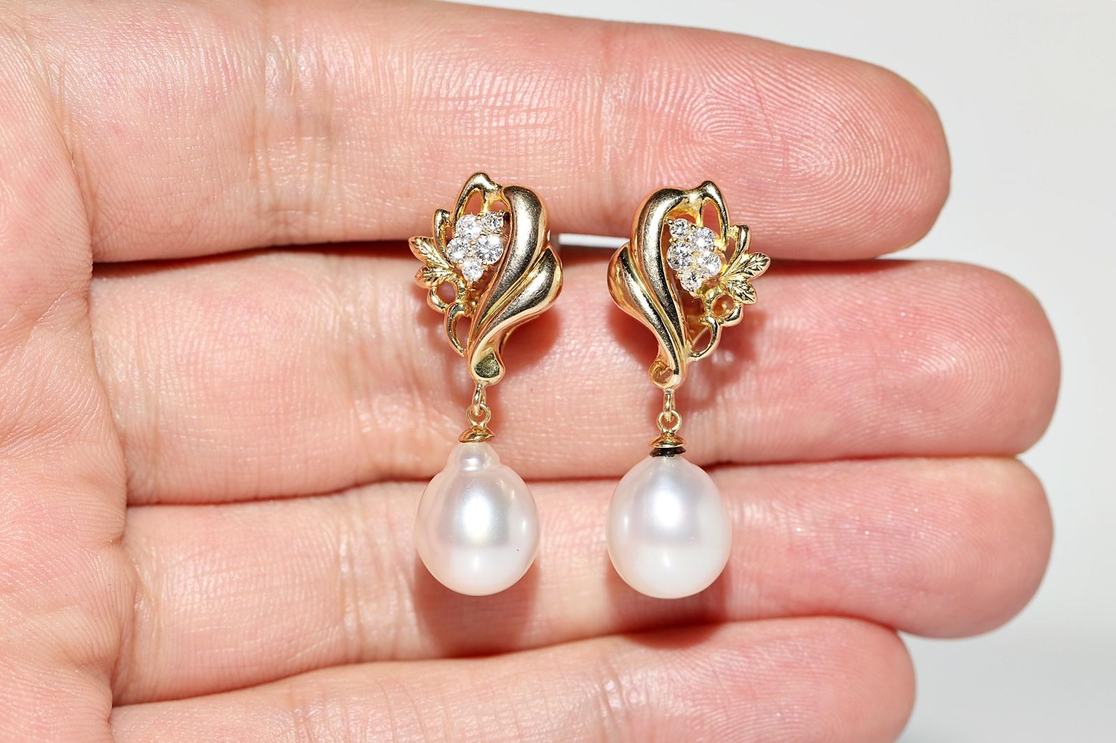 Vintage Circa 1980s 18k Gold Natural Diamond And Pearl  Decorated Drop Earring For Sale 11