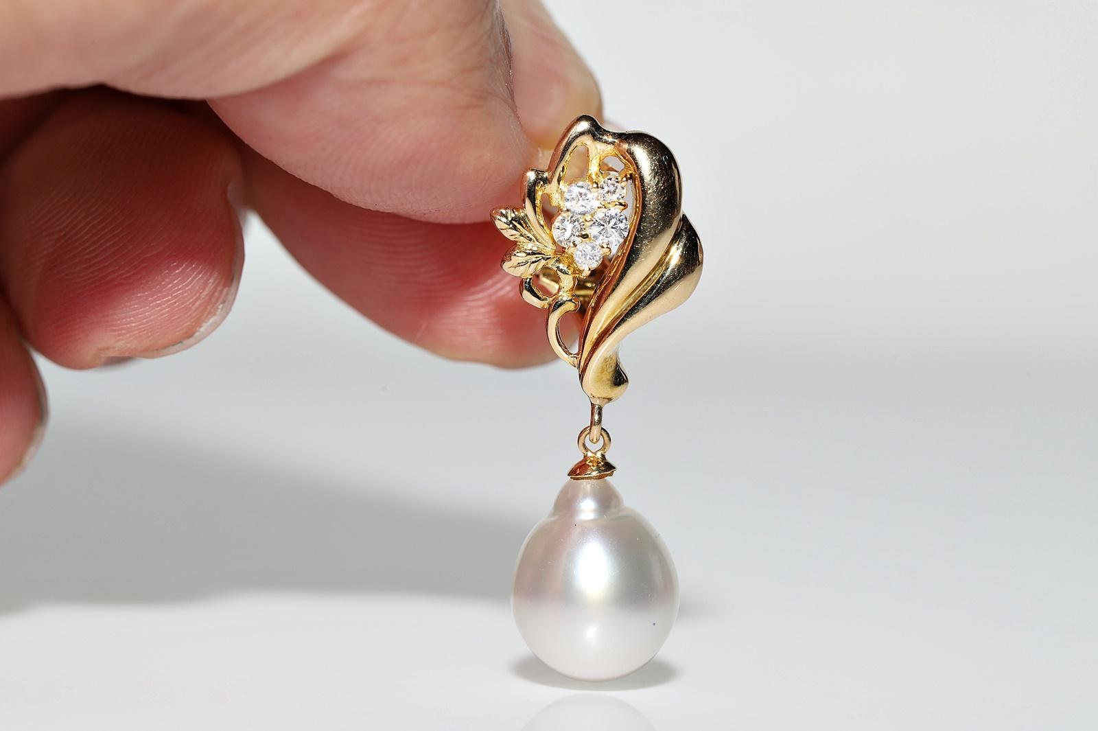 Vintage Circa 1980s 18k Gold Natural Diamond And Pearl  Decorated Drop Earring In Good Condition For Sale In Fatih/İstanbul, 34