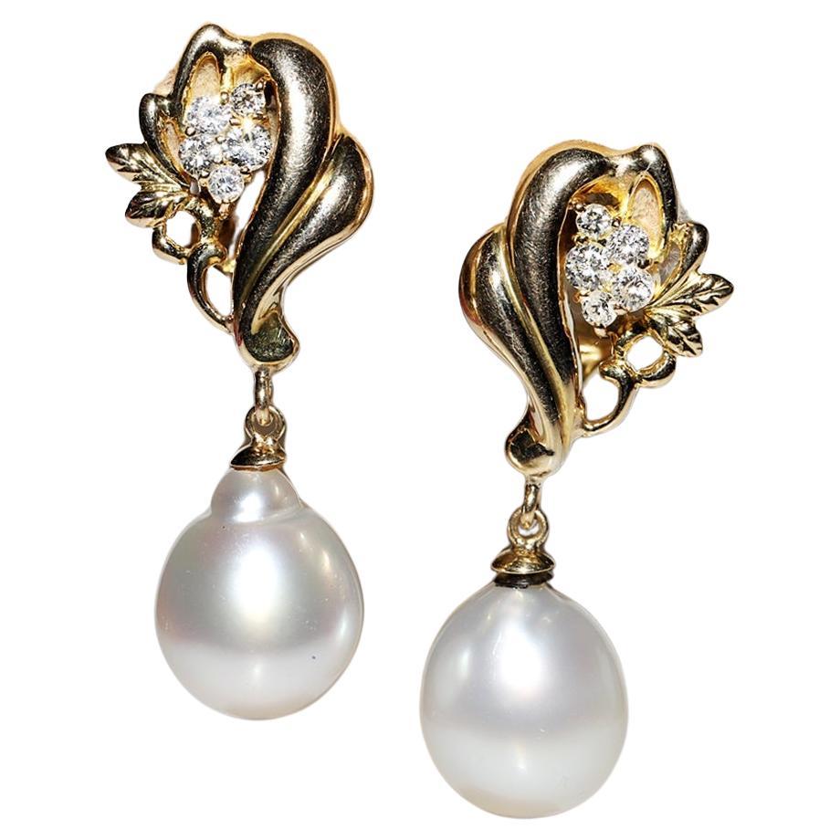 Vintage Circa 1980s 18k Gold Natural Diamond And Pearl  Decorated Drop Earring For Sale