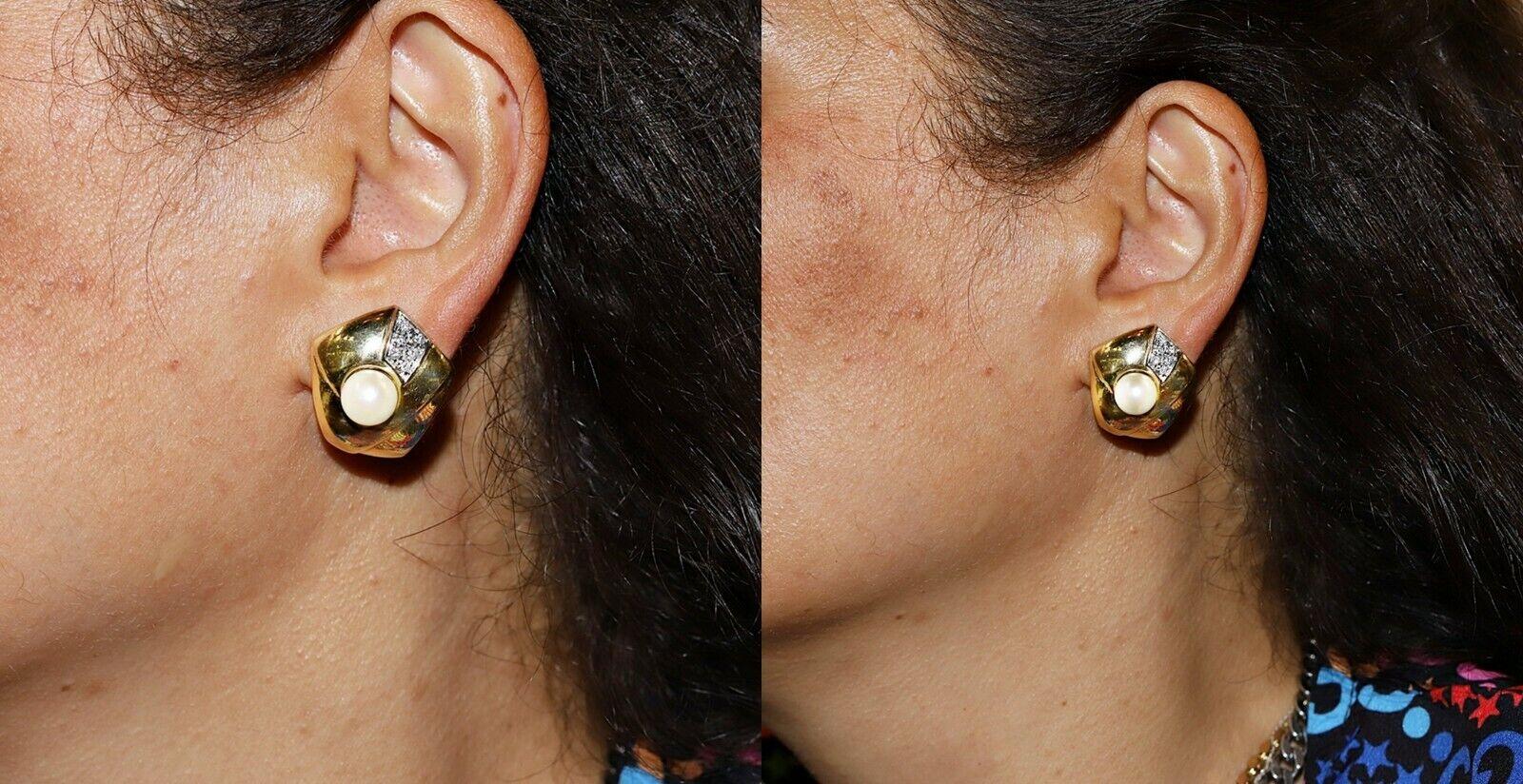 Vintage Circa 1980er Jahre 18k Gold natürlicher Diamant und Perle Dekorierter Ohrring Damen im Angebot