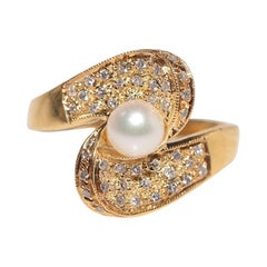 Vintage CIRCA 1980er Jahre 18k Gold natürlichen Diamanten und Perle verziert Ring