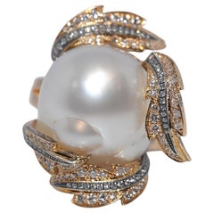 Vintage Circa 1980 Or 18k Diamant Naturel et Perle Décorée Bague Forte
