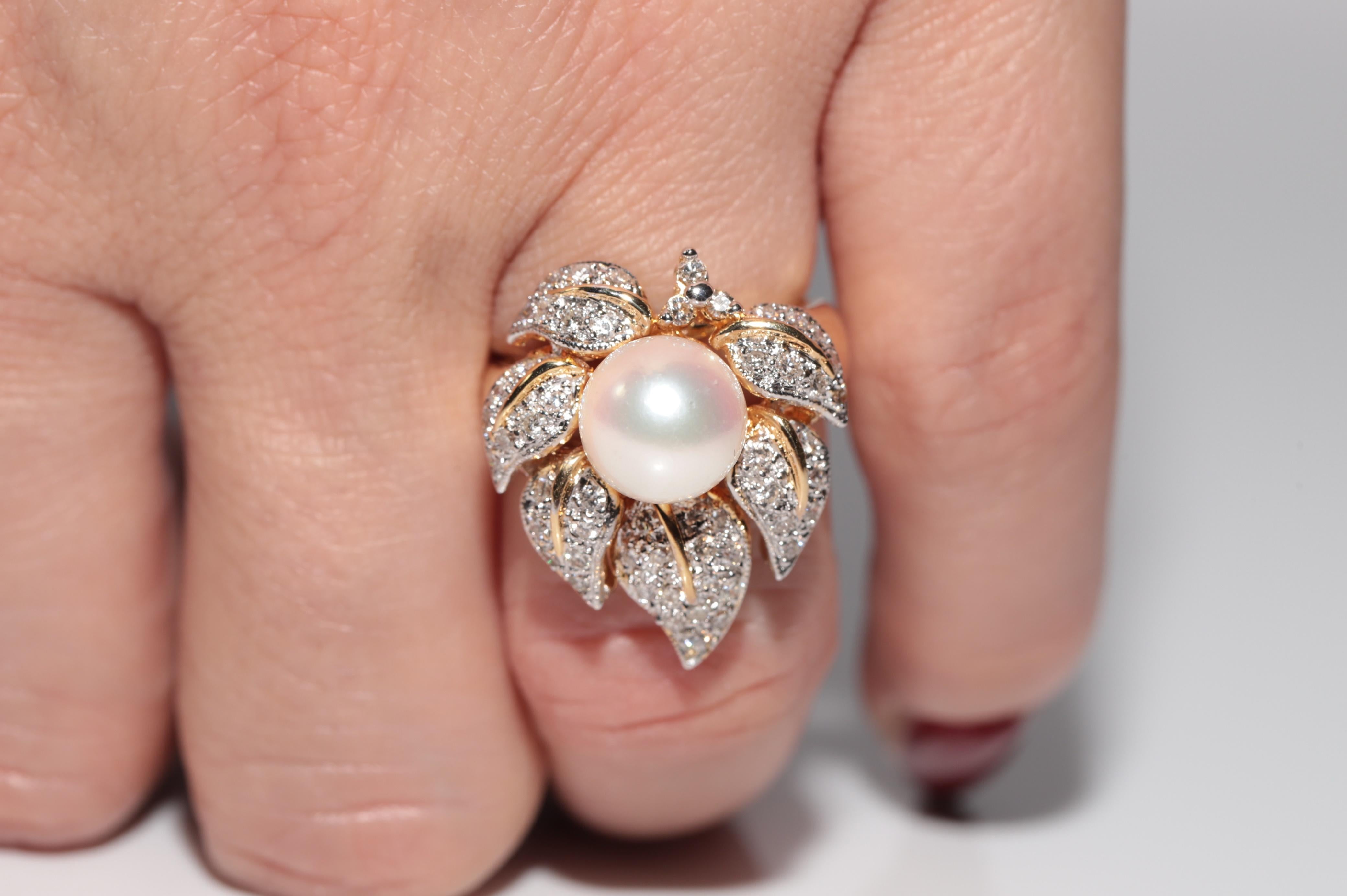 Vintage Circa 1980s 18k Gold Natural Diamond And Pearl Flowers Ring For Sale 9