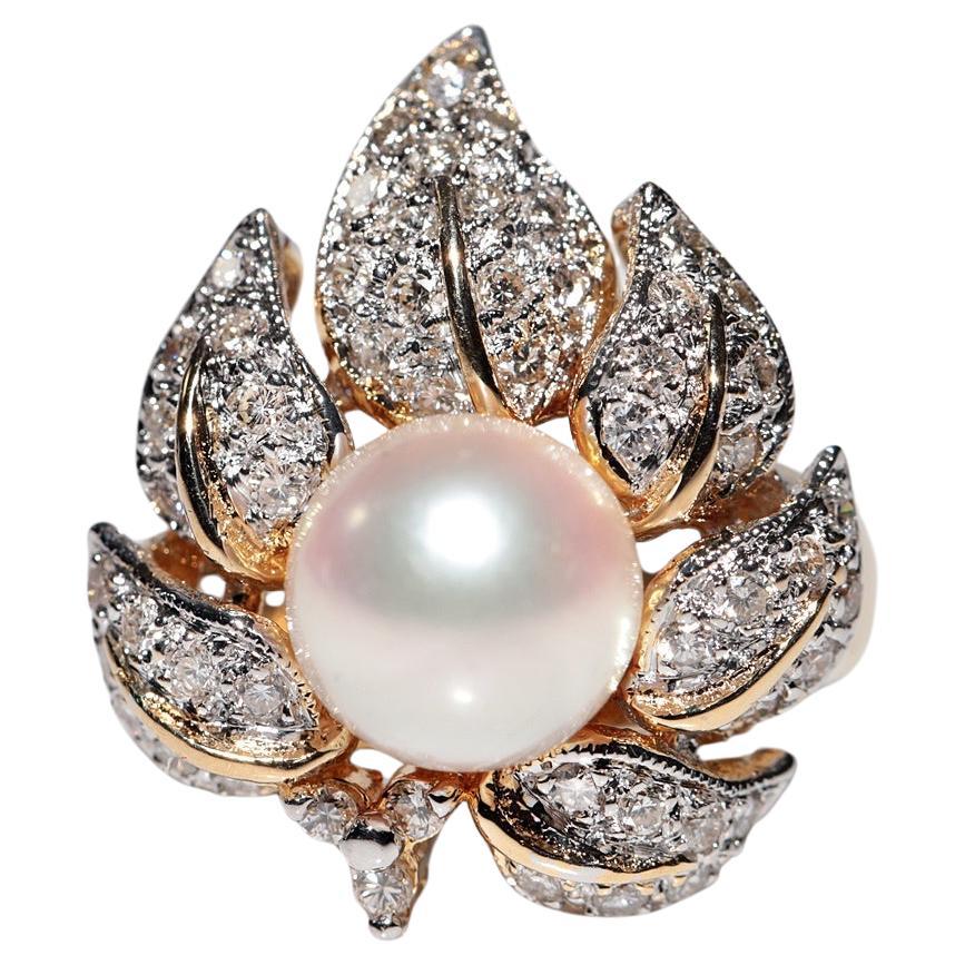 Vintage Circa 1980s 18k Gold Natural Diamond And Pearl Flowers Ring