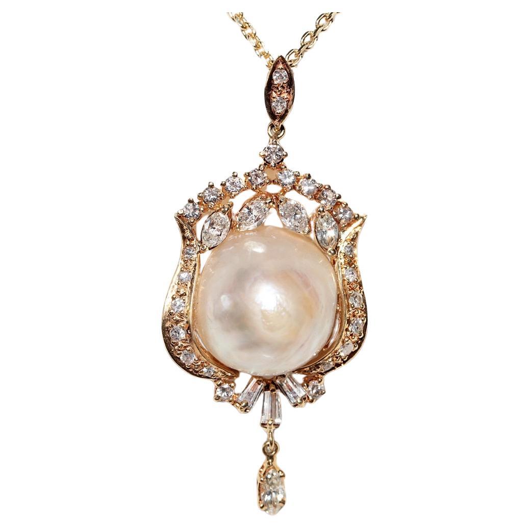 Vintage Circa 1980s 18k Gold Natural Diamond And Pearl Pendant Necklace