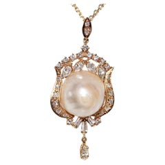 Collana con ciondolo di diamanti naturali e perle in oro 18 carati CIRCA 1980