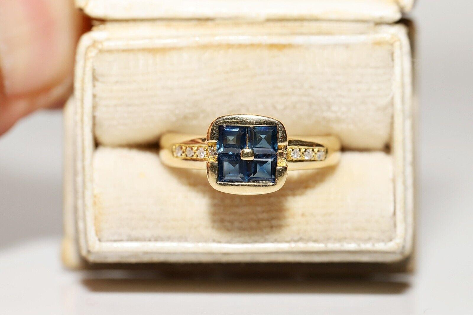 Vintage Circa 1980s 18k Gold Natural Diamond And Princess Cut Sapphire Ring For Sale 6