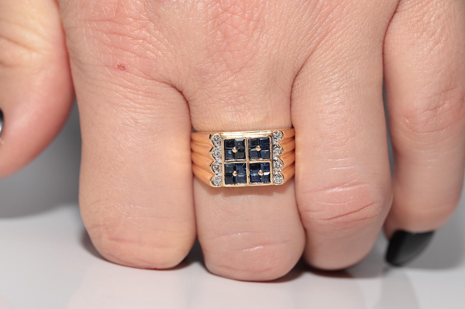 Anello in oro 18k con diamanti naturali e zaffiri taglio principessa, vintage, circa anni '80 in vendita 10