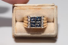 Vintage Circa 1980s 18k Gold Natural Diamond And Princess Cut Sapphire Ring