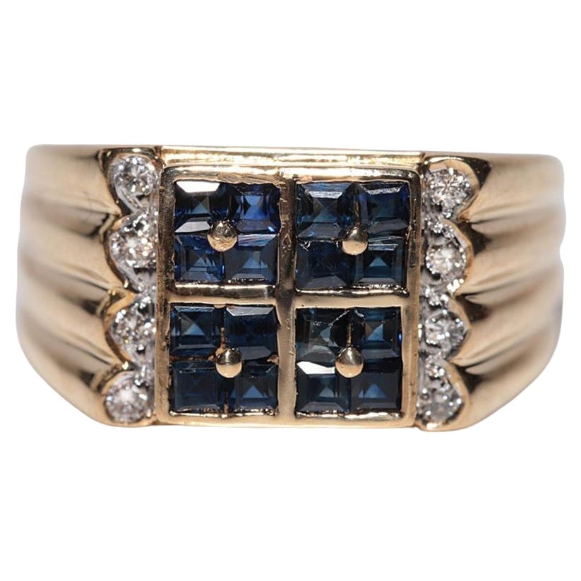 Vintage-Ring aus 18 Karat Gold mit natürlichem Diamant und Saphir im Prinzessinnenschliff, ca. 1980er Jahre