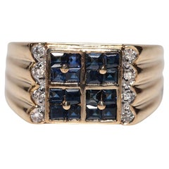 Vintage Circa 1980 Bague en or 18k diamant naturel et saphir taille princesse