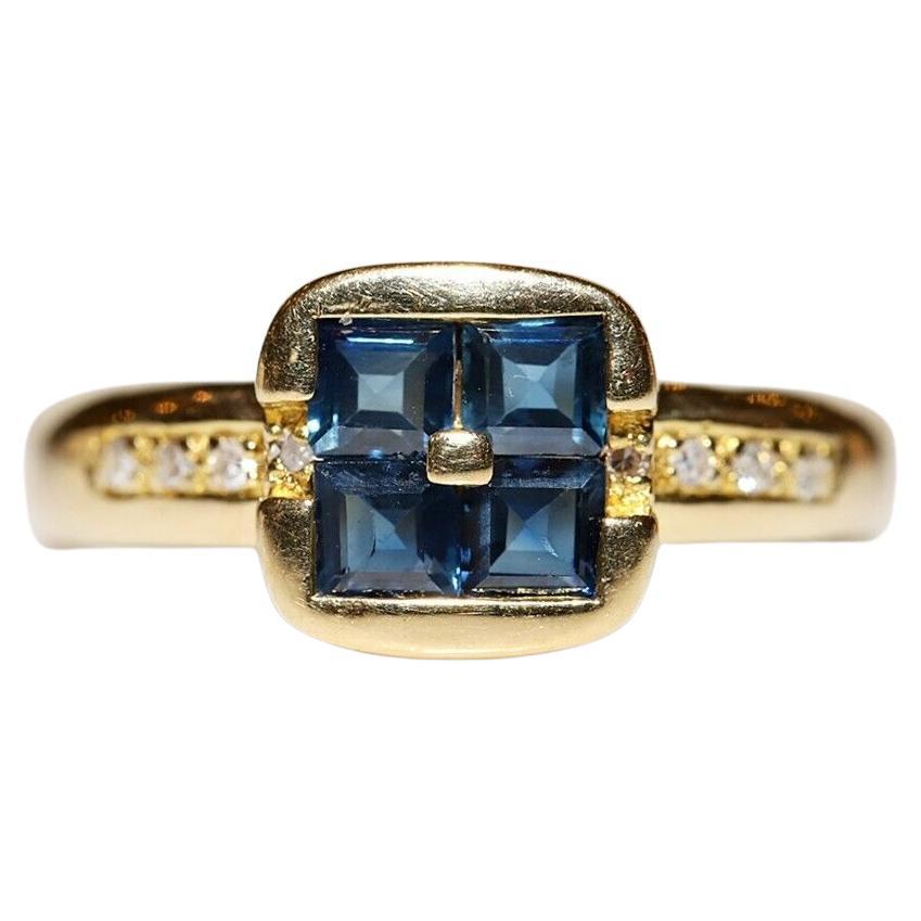 Vintage Circa 1980s 18k Gold Natural Diamond And Princess Cut Sapphire Ring