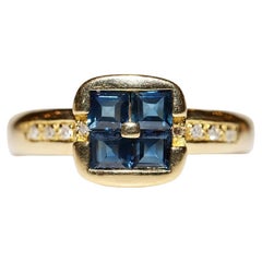 Vintage Circa 1980s 18k Gold Natural Diamond And Princess Cut Sapphire Ring