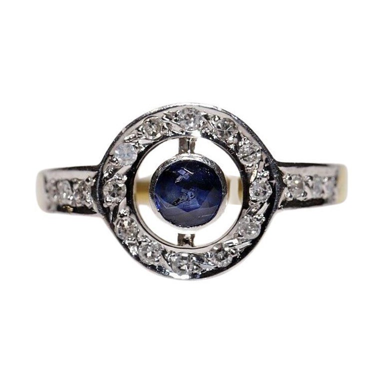 Bague vintage des années 1980, en or 18 carats, diamant naturel et saphir taille ronde