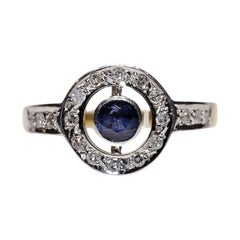 Bague vintage des années 1980, en or 18 carats, diamant naturel et saphir taille ronde