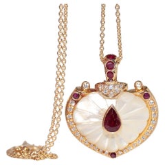 Vintage Circa 1980s 18k Gold Natural Diamond And Ruby And Pearl Necklace