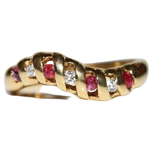 Vintage Circa 1980s 18k Gold Natural Diamond And Ruby Decorated Band Ring