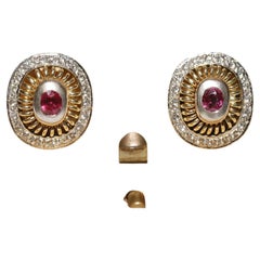 Vintage Circa 1980s 18k Gold Natural Diamond And Ruby Decorated Earring