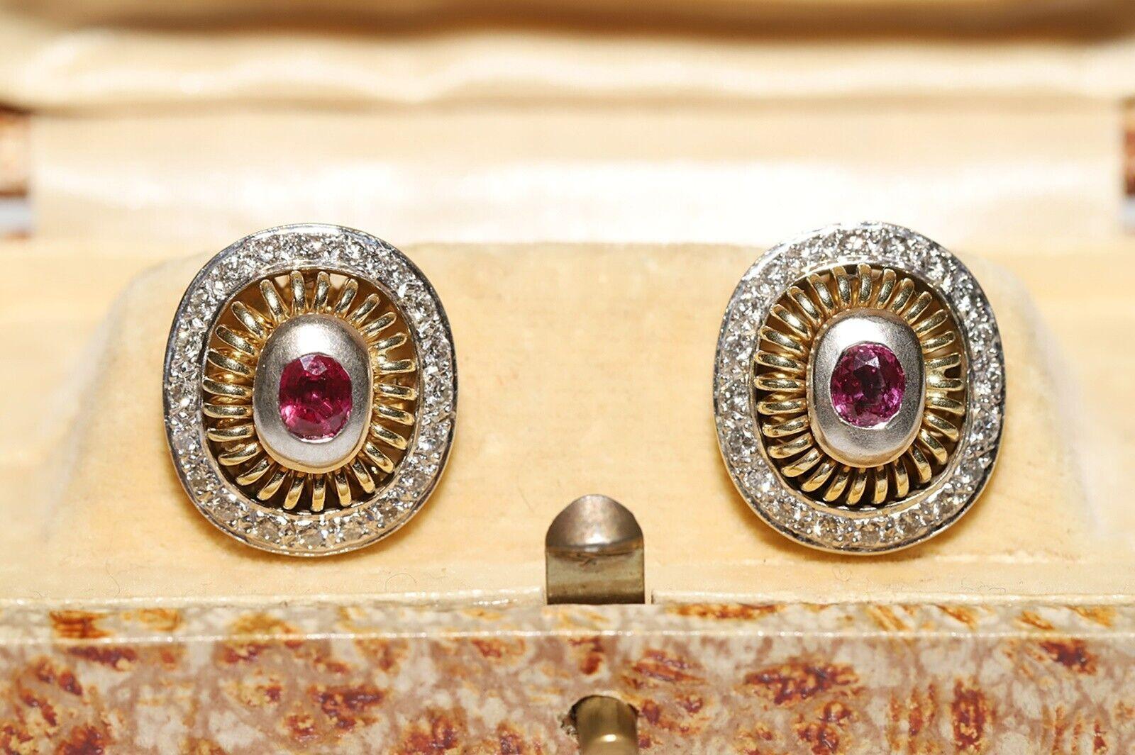 Retro Vintage Circa 1980s 18k Gold Natural Diamond And Ruby Decorated Earring For Sale