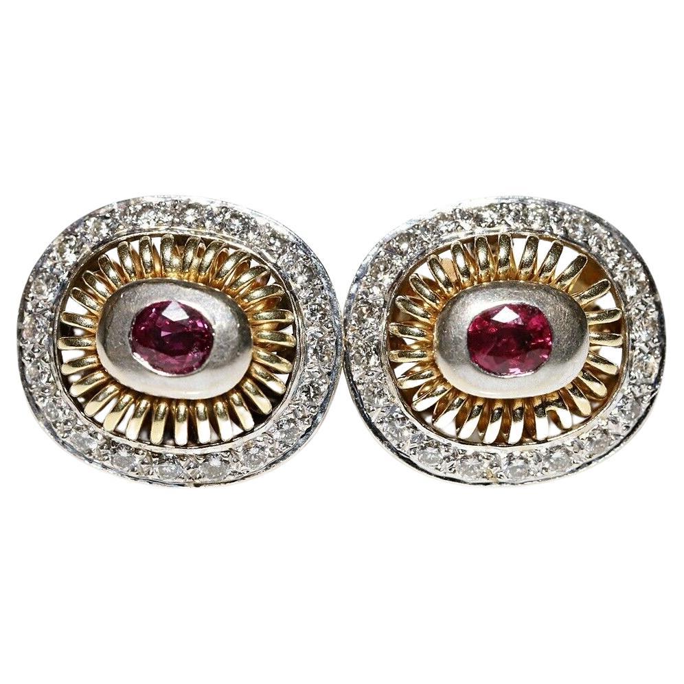 Vintage Circa 1980s 18k Gold Natural Diamond And Ruby Decorated Earring For Sale