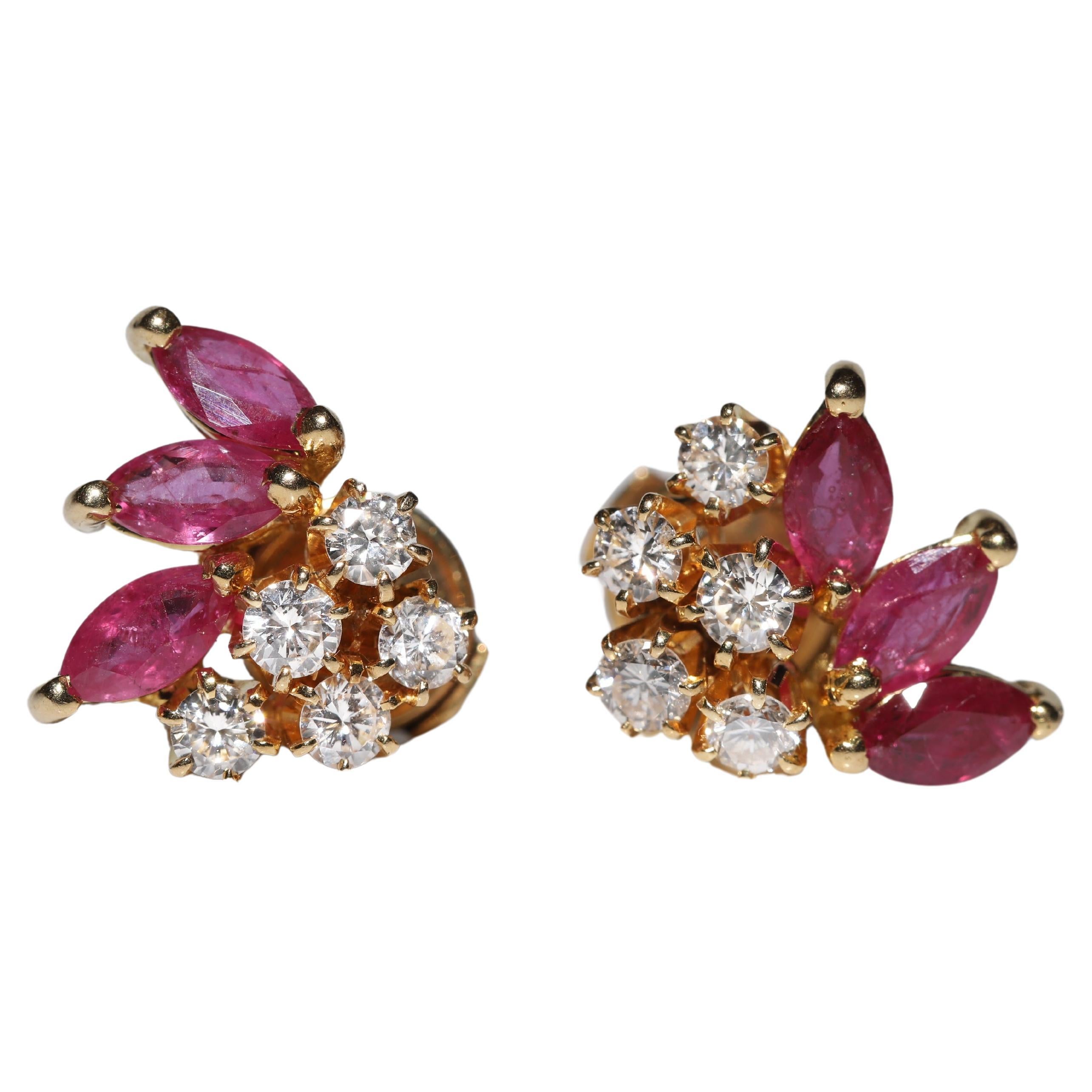 Vintage Circa 1980s 18k Gold Natural Diamond And Ruby Decorated Earring 