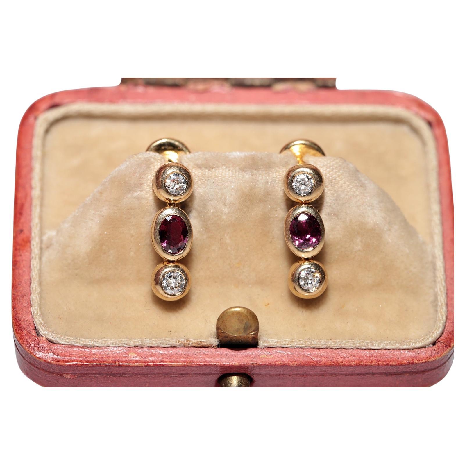 Vintage Circa 1980s 18k Gold Natural Diamond And Ruby Decorated Earring For Sale