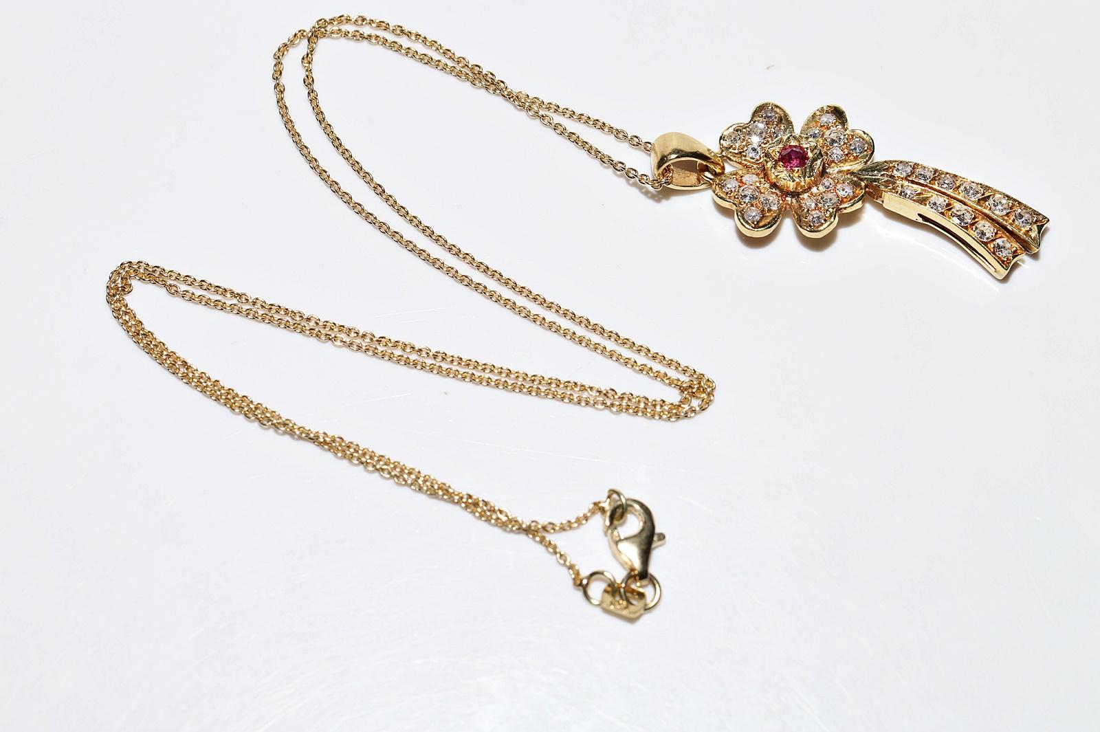 Halskette, Vintage, ca. 1980er Jahre, 18 Karat Gold, natürlicher Diamant und Rubin, verzierte Blumen, Vintage im Angebot 7