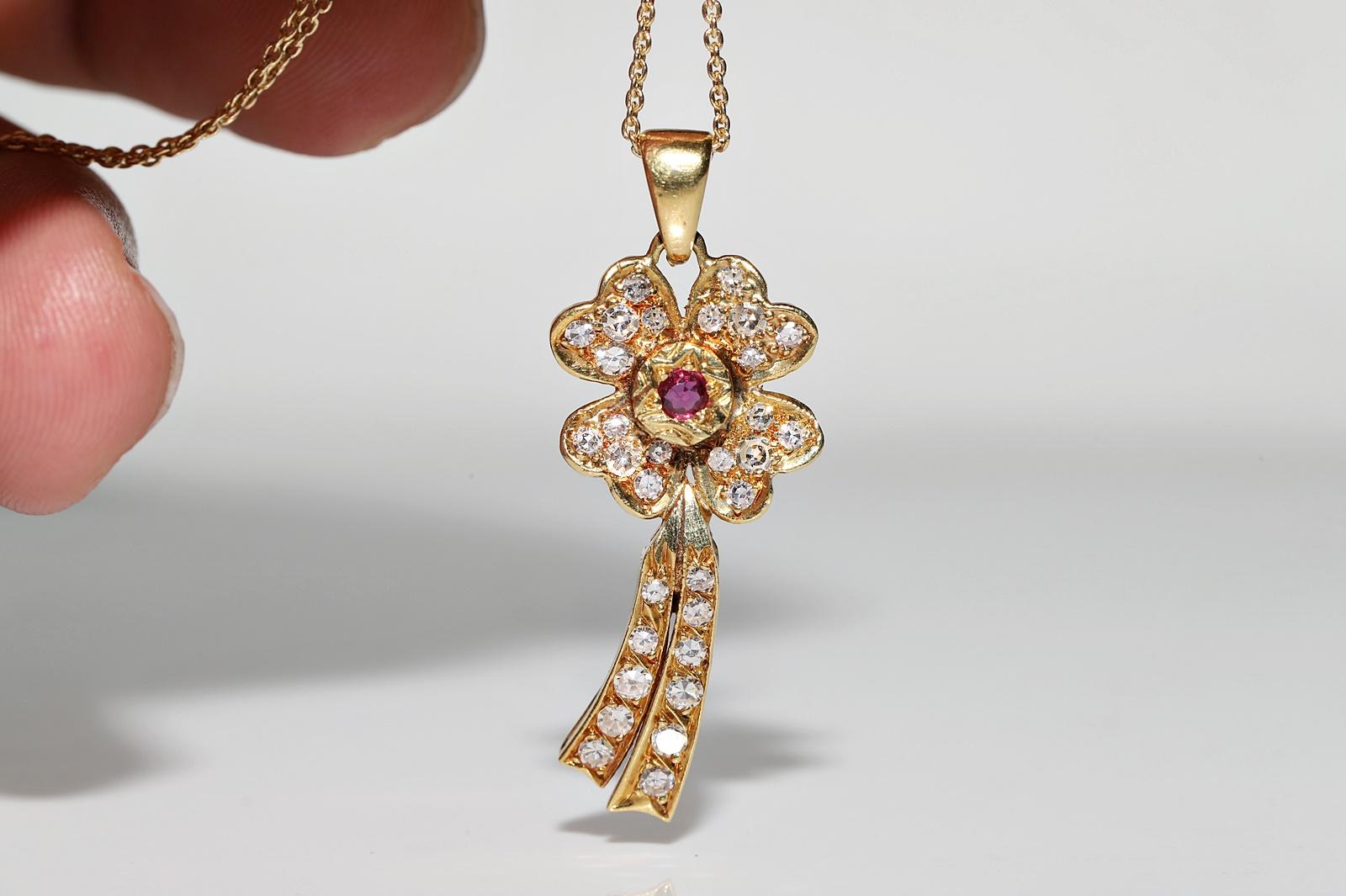 Halskette, Vintage, ca. 1980er Jahre, 18 Karat Gold, natürlicher Diamant und Rubin, verzierte Blumen, Vintage Damen im Angebot