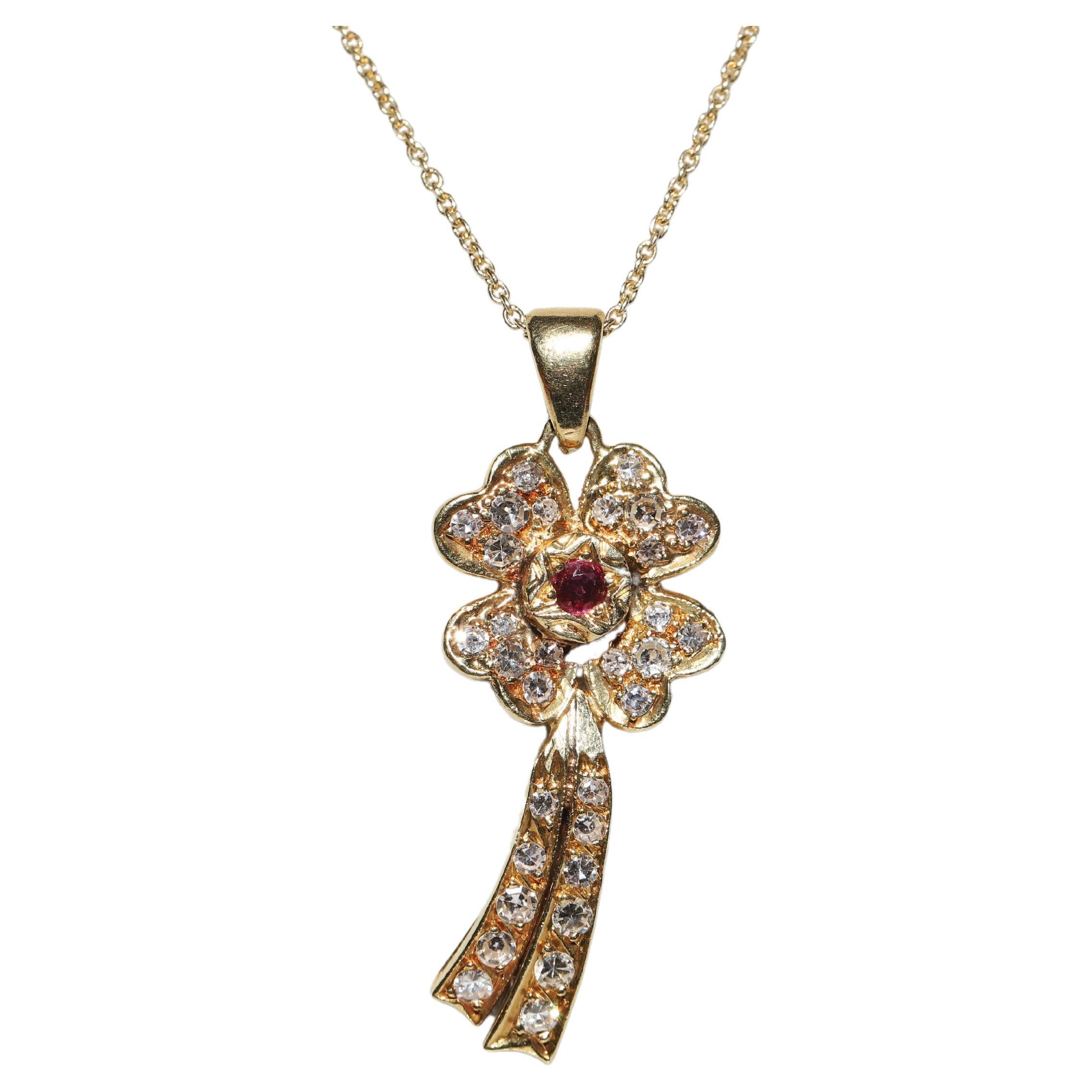 Halskette, Vintage, ca. 1980er Jahre, 18 Karat Gold, natürlicher Diamant und Rubin, verzierte Blumen, Vintage im Angebot