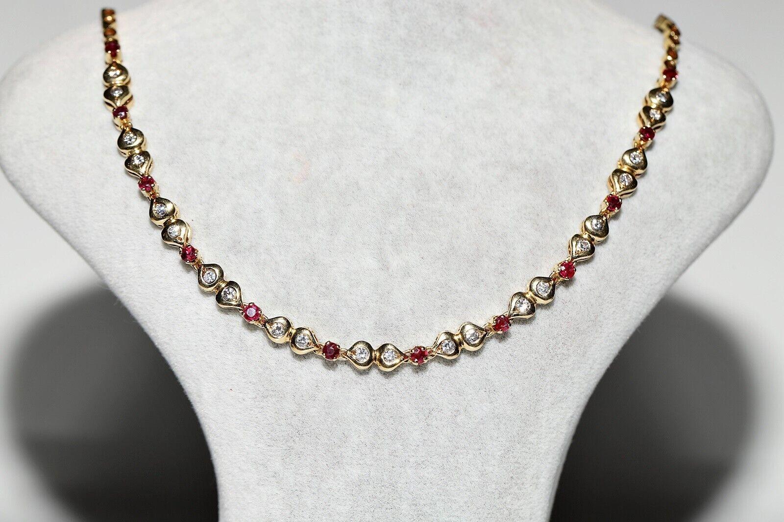 Vintage Circa 1980s 18k Gold Natural Diamond And Ruby Decorated Necklace For Sale