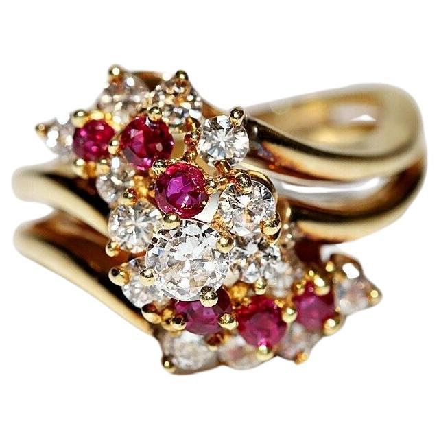 Vintage Circa 1980s 18k Gold Natural Diamond And Ruby Decorated Ring  For Sale